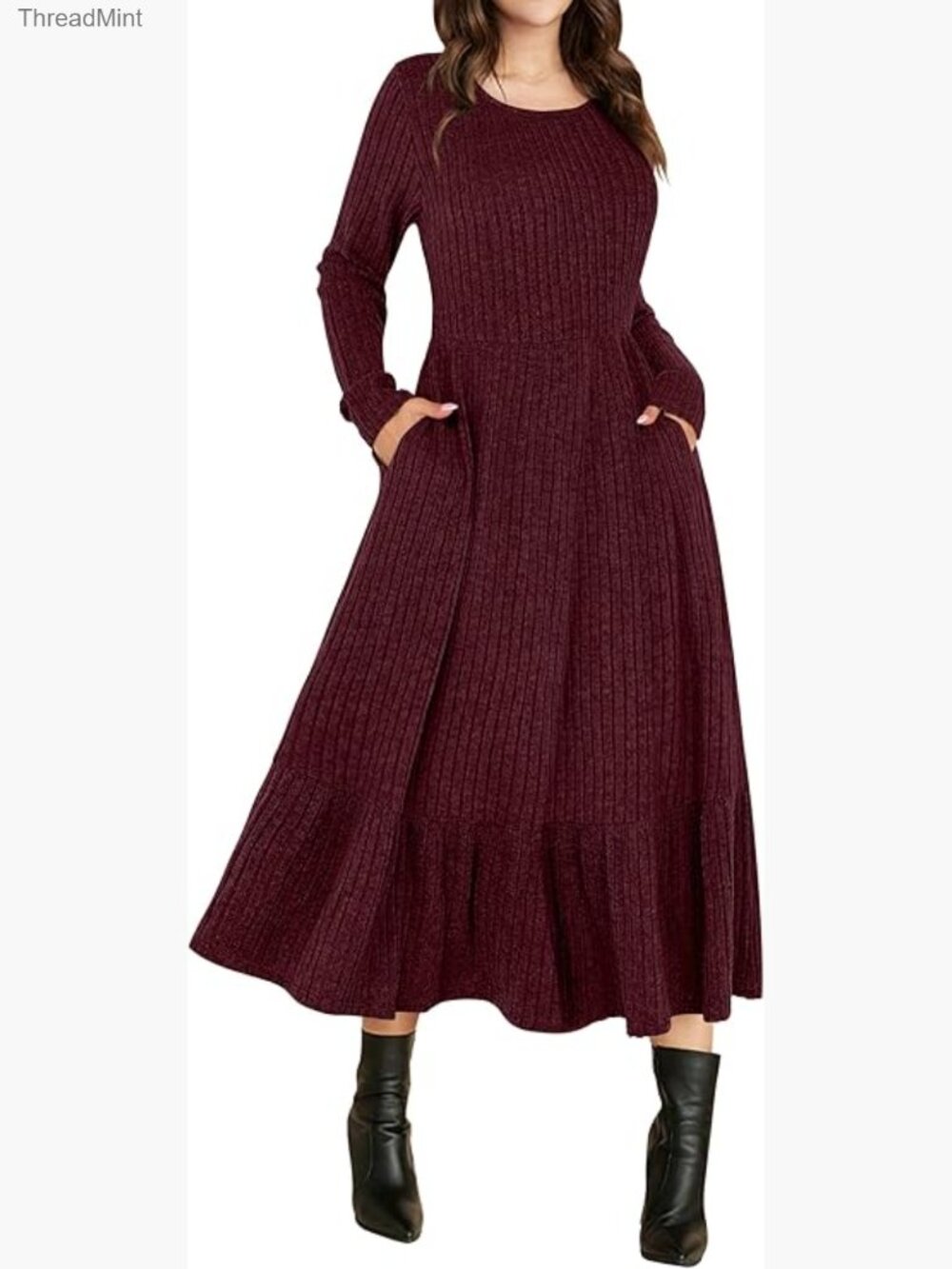 Long Sleeve Midi Dress Rib Knit Crew Neck A-Line Pocket Casual Fall